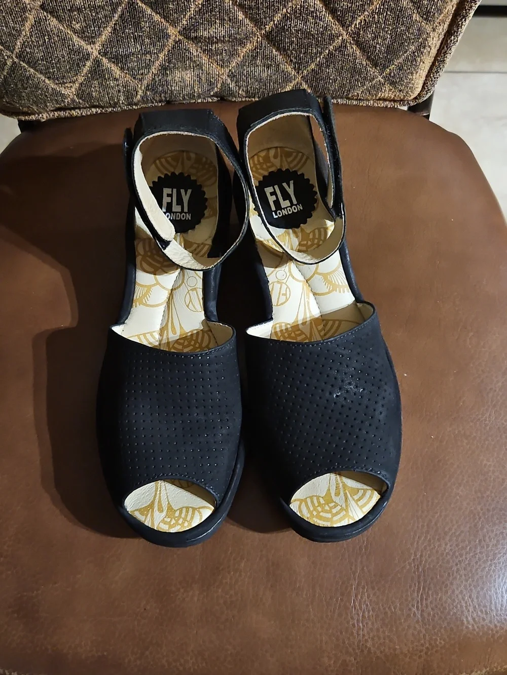 Fly London Yula Black Perforated Leather Peep Toe Wedge Sandals Shoes - Picture 2 of 6